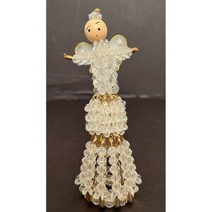 Vintage Angel Handmade Clear Beaded Gold Safety Pin Wooden Head Ornament 5.5"